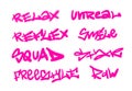 Collection of graffiti street art tags with words and symbols in pink color on white