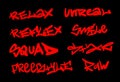 Collection of graffiti street art tags with words and symbols in red color on black