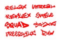 Collection of graffiti street art tags with words and symbols in red color on white