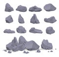 Collection of gray cartoon rock stone vector flat illustration heavy natural mineral geology granite