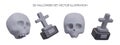 Collection with gray human scull and cross with stone stand