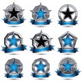 Collection of gray round heraldic 3d glamorous icons, silver graphic objects with pentagonal stars and wavy stripes, clear EPS 8