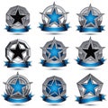 Collection of gray round heraldic 3d glamorous icons, silver graphic objects with pentagonal stars and wavy stripes, clear EPS 8