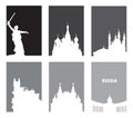 Collection of gray touristic posters with white silhouettes russian sights. Travel templates with space for text