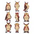 Collection of Great Horned Owls Birds Characters, Eurasian Eagle Owls Vector Illustration Royalty Free Stock Photo