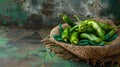 A collection of green chili peppers placed on a piece of cloth, which is on top of a rustic dark surface, with space for text Royalty Free Stock Photo