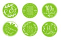 Collection of green circle label with hand-drawn lettering about healthy eco food, vegan. Set of healthy lifestyle stickers with
