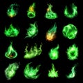Collection of green fire spells and enchantments, isolated on black background. Generative Ai illustration