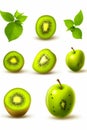 Collection of green fruits with leaves on them, including kiwi. Generative AI Royalty Free Stock Photo