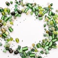 Collection of green glass beads shaped into off center garland Royalty Free Stock Photo