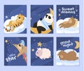 Collection greeting card cartoon sleeping animals vector flat illustration cute childish postcard