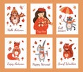 Collection greeting cards with girl, forest animals