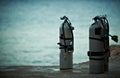 Collection of grey scuba diving air oxygen tanks. Royalty Free Stock Photo