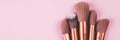 Collection of group makeup brush size with various isolated on pink background, set of make-up artist.