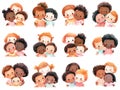 Collection of groups of smiling little children. Cartoon multiethnic happy kids, cute preschoolers. Generative AI