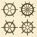 Collection of grunge vintage steering wheels. Ship, yacht retro wheel symbol. Nautical rudder icon. Marine design