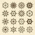 Collection of grunge vintage steering wheels. Ship, yacht retro wheel symbol. Nautical rudder icon. Marine design