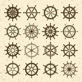 Collection of grunge vintage steering wheels. Ship, yacht retro wheel symbol. Nautical rudder icon. Marine design