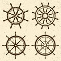 Collection of grunge vintage steering wheels. Ship, yacht retro wheel symbol. Nautical rudder icon. Marine design