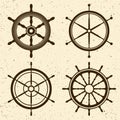 Collection of grunge vintage steering wheels. Ship, yacht retro wheel symbol. Nautical rudder icon. Marine design