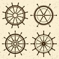 Collection of grunge vintage steering wheels. Ship, yacht retro wheel symbol. Nautical rudder icon. Marine design