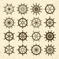 Collection of grunge vintage steering wheels. Ship, yacht retro wheel symbol. Nautical rudder icon. Marine design