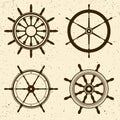 Collection of grunge vintage steering wheels. Ship, yacht retro wheel symbol. Nautical rudder icon. Marine design