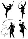 Collection. Gymnastics Silhouette of a girl with a hoop, ribbon, ball, clubs. The woman is overweight, a large body. The