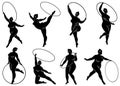 Collection. Gymnastics. Silhouette of a girl with a hoop. The woman is overweight, a large body. The girl is full