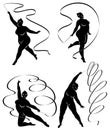 Collection. Gymnastics. Silhouette of a girl with a ribbon. The woman is overweight, a large body. The girl is full