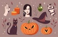 Collection of halloween magical attributes. Witch set: hat, pumpkin, black cat, vial of poison, hand with snake and