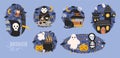Collection of Halloween scenes with cute and funny fairy cartoon characters - grim reaper, vampire, ghost, Jack-o