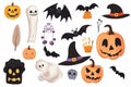 Halloween-Themed Illustrations: Collection of carved pumpkins,