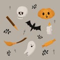 collection of Halloween themed items candle skull ghost pumpkin aspen stake broom bat and candy