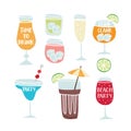 Collection of hand drawn alcoholic drinks, cocktails with lettering quotes. Summer holiday, anniversary, beach party and