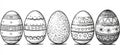 A collection of hand?drawn black?outlined Easter eggs with various dots, waves, and lines, presented as isolated Royalty Free Stock Photo
