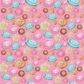 Collection of hand drawn buttons on pink background. Watercolor Seamless pattern Hobby Knitting, Crocheting and Sewing.