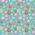 Collection of hand drawn buttons on turquoise background. Watercolor Seamless pattern Hobby Knitting, Crocheting and