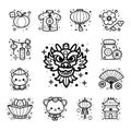 Icon collection of charming Chinese new year elements, hand drawn with cute line art style, vector illustration.