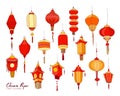 Collection of hand drawn Chinese red paper street lanterns of various shapes