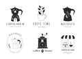 Collection of hand drawn coffee shop, cafes, coffee stores logos with macchinetta, beans grinder and cup