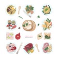 Collection of hand drawn colorful dishes of Asian cuisine on white background. Delicious meals and snacks