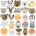Collection of hand drawn cute animal faces bear,deer, panda, raccoon, zebra, bunny, sloth, horse, cat, dog etc Royalty Free Stock Photo