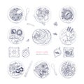 Collection of hand drawn dishes of Asian cuisine on white background. Delicious meals and snacks, traditional