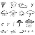 Collection of hand drawn doodle weather icons isolated on white background