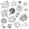 Collection of hand drawn fireworks. Monochrome vector illustration Royalty Free Stock Photo