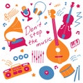 Collection of hand-drawn icons. Musical theme. Icons of musical instruments. Hand-written inscription Don t stop the music. Vector Royalty Free Stock Photo