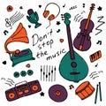 Collection of hand-drawn icons. Musical theme. Icons of musical instruments. Hand-written inscription Don t stop the music. Vector