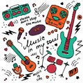 Collection of hand-drawn icons. Musical theme. Icons of musical instruments. Hand-written inscription Music in my soul. Vector Royalty Free Stock Photo