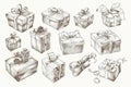 a collection of hand drawn illustrations of presents.